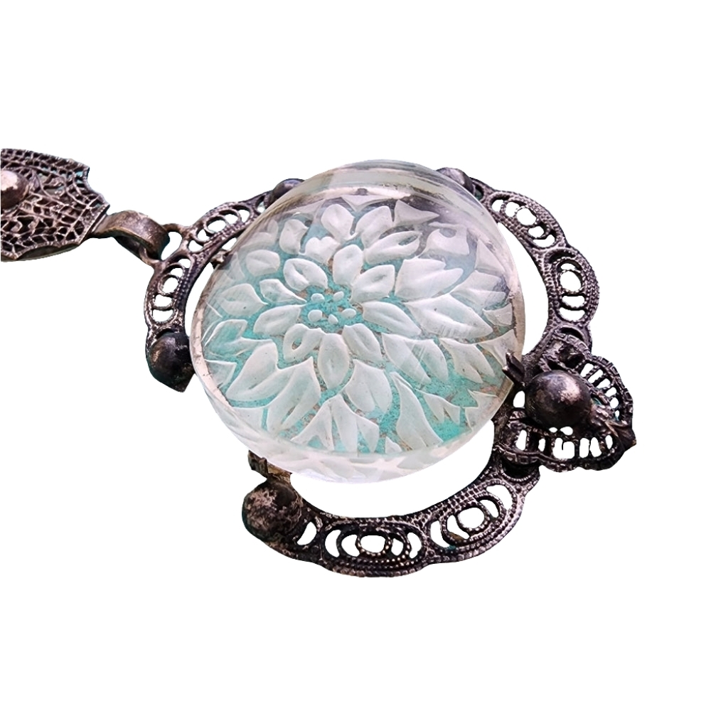 Lalique type antique reverse carved flower  floral scarf clip filigree a… - Picture 8 of 12